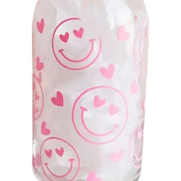 Pink Smiley Face Glass Tumbler 16 oz with Hearts Bamboo Lid and Glass Straw - Picture 2 of 10